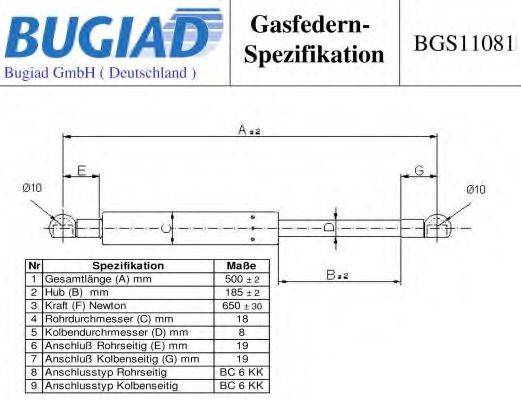 Газова пружина, кришка багажника BUGIAD BGS11081