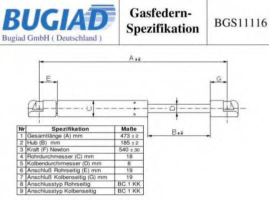 Газова пружина, кришка багажника BUGIAD BGS11116