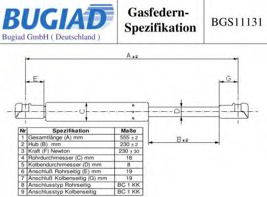 Газовая пружина, крышка багажник BUGIAD BGS11131