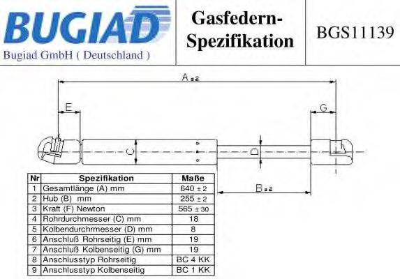 Газова пружина, кришка багажника BUGIAD BGS11139
