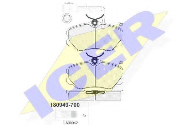 Комплект гальмівних колодок, дискове гальмо ICER 180949-700