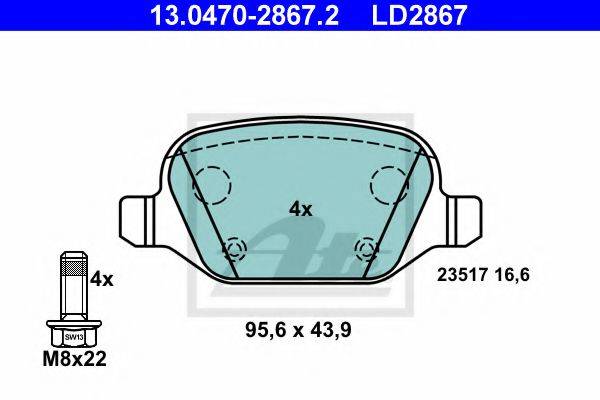 Комплект тормозных колодок, дисковый тормоз ATE 13.0470-2867.2