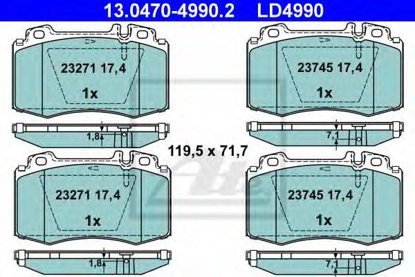 Комплект гальмівних колодок, дискове гальмо ATE 13.0470-4990.2