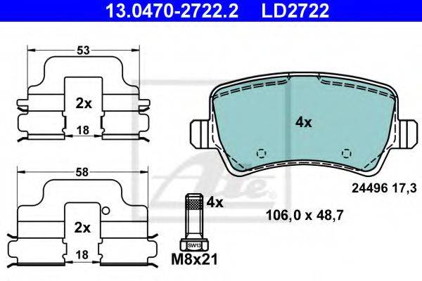 Комплект гальмівних колодок, дискове гальмо ATE 13.0470-2722.2
