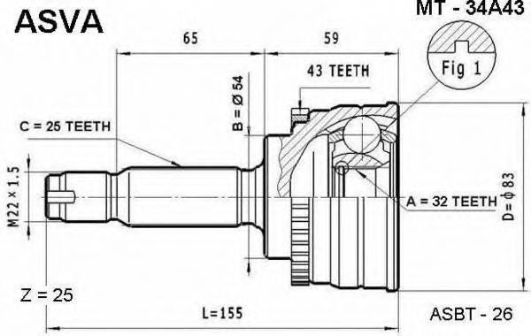 ASVA MT34A43 Шарнірний комплект, приводний вал