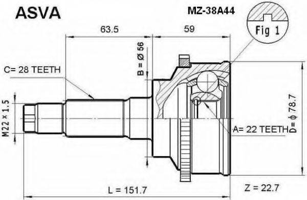 ASVA MZ38A44 Шарнірний комплект, приводний вал