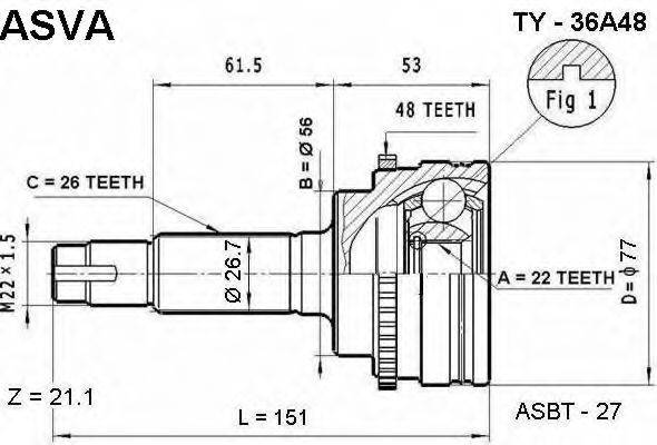 ASVA TY36A48 Шарнирный комплект, приводной вал