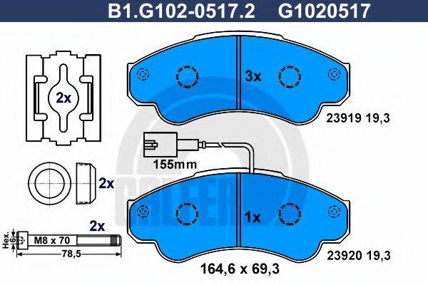 Комплект тормозных колодок, дисковый тормоз GALFER B1.G102-0517.2