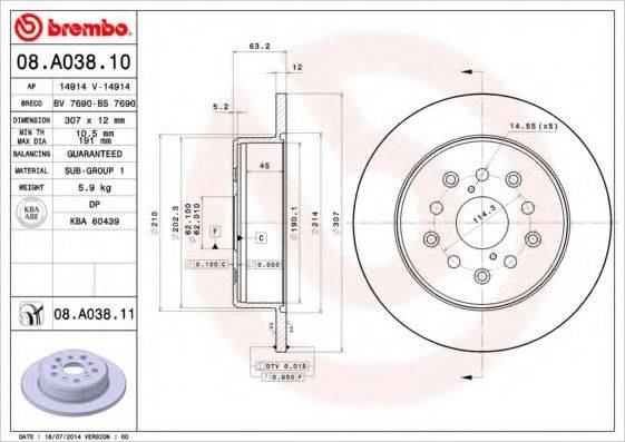 Тормозной диск BREMBO 08.A038.10