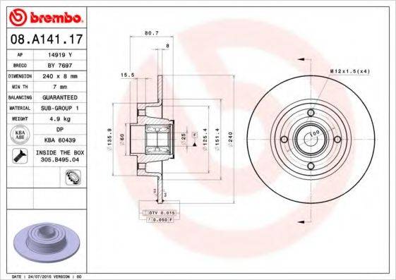BREMBO 08A14117 Тормозной диск