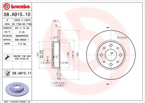 BREMBO 08A91510 Тормозной диск