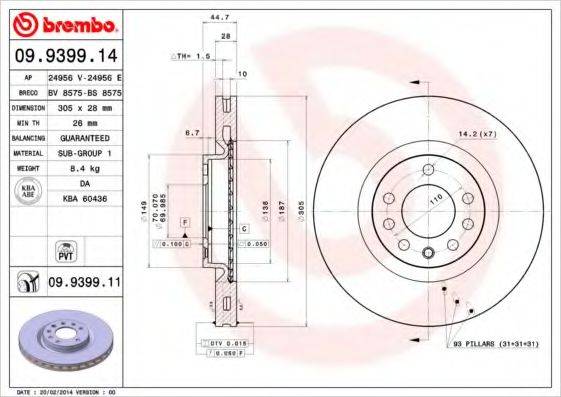 Тормозной диск BREMBO 09.9399.14