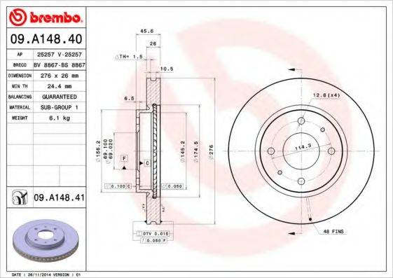 BREMBO 09A14840 Тормозной диск