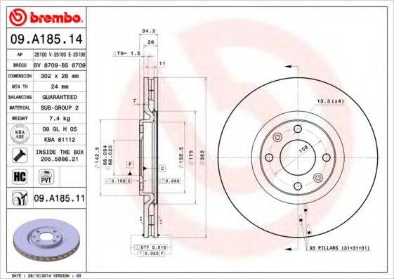 BREMBO 09A18511 Тормозной диск