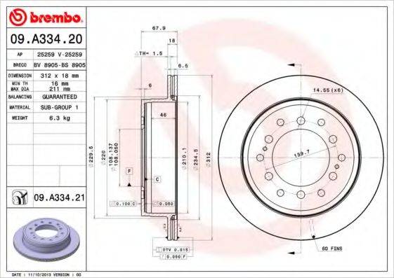 BREMBO 09A33421 Тормозной диск