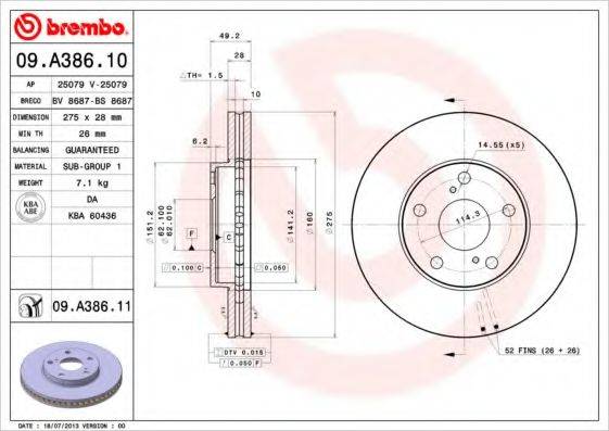 BREMBO 09A38611 Тормозной диск
