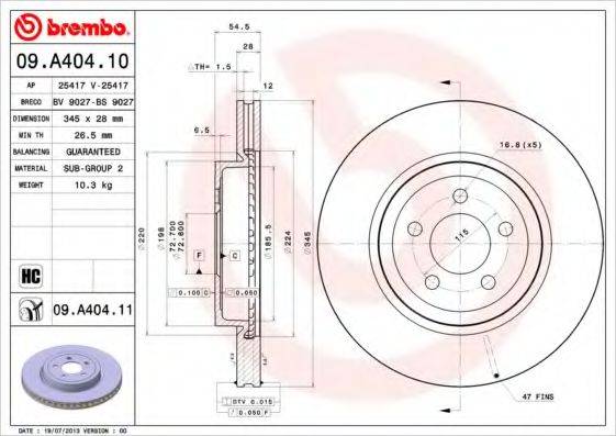 BREMBO 09A40411 Тормозной диск