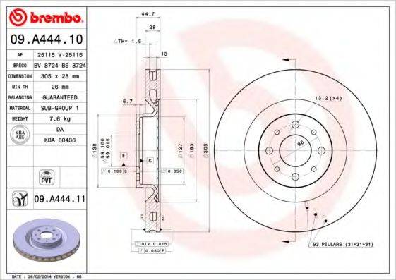 BREMBO 09A44410 Тормозной диск