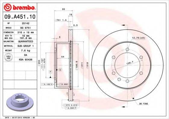 BREMBO 09A45110 Тормозной диск