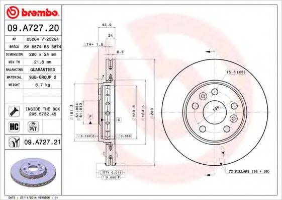 BREMBO 09A72721 Тормозной диск