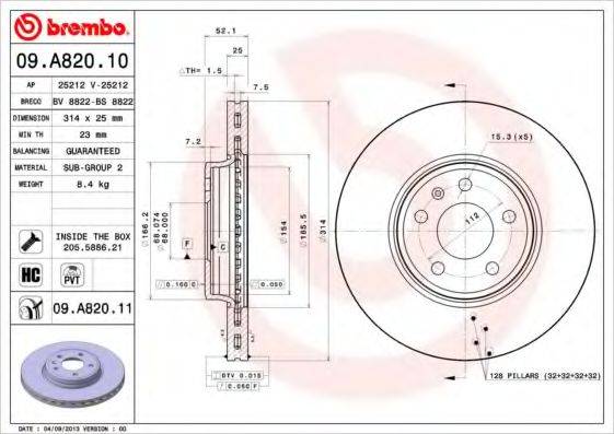 BREMBO 09A82010 Тормозной диск